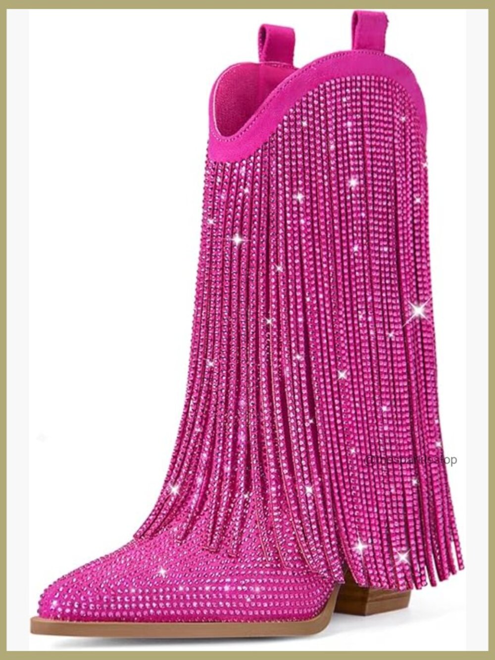 Cowgirl Rhinestone Boots with Sparkly Fringe Pointed Toe Western Boot Chunky - Picture 1 of 7